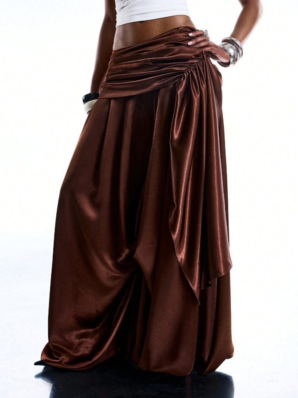 Coffee Brown Casual Women's Minimalism Draping Waist Loose Baggy Pants - Picture 4 of 5